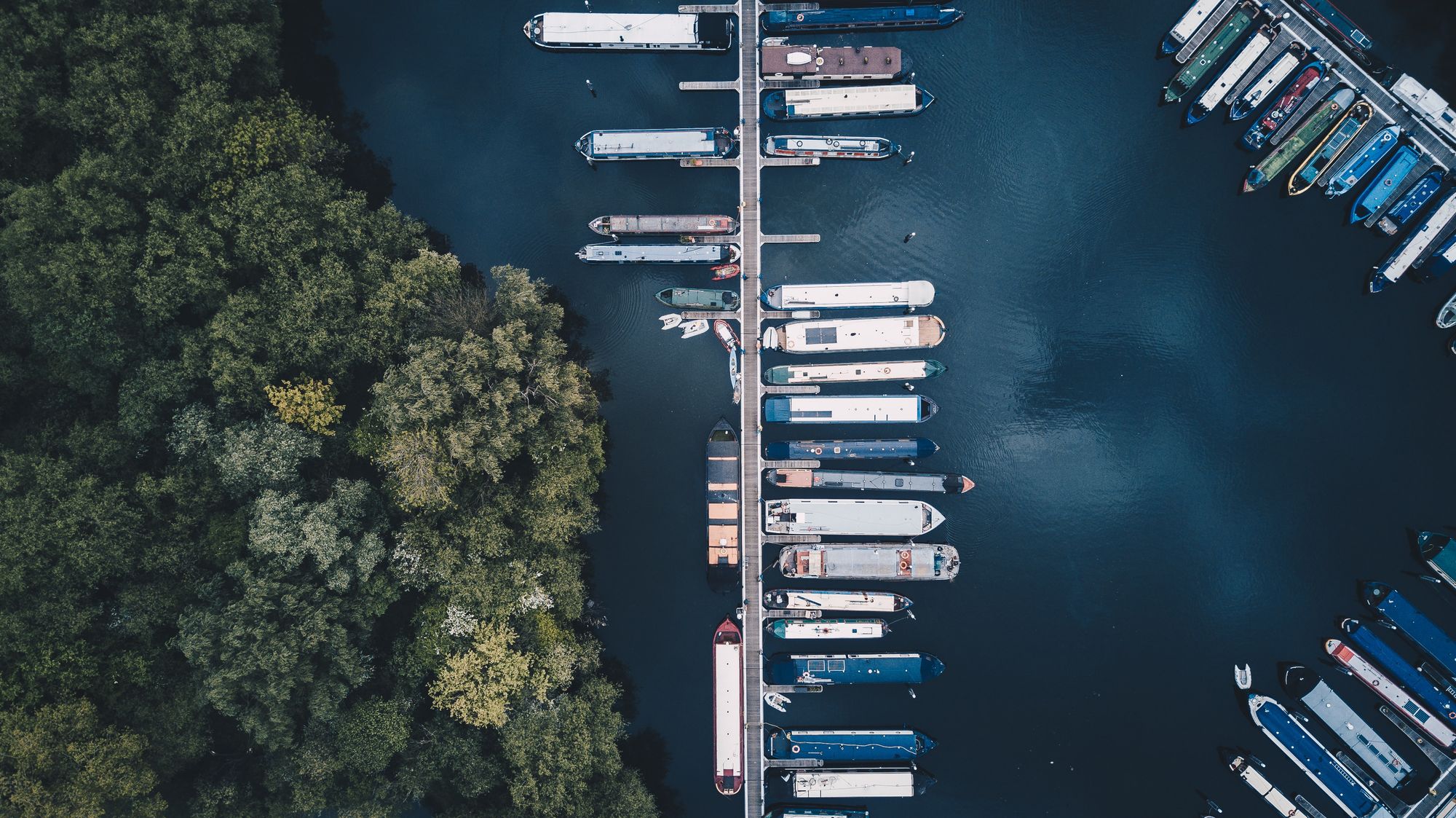 Aerial photo of docked boats on a dark blue body of water, next to some trees.