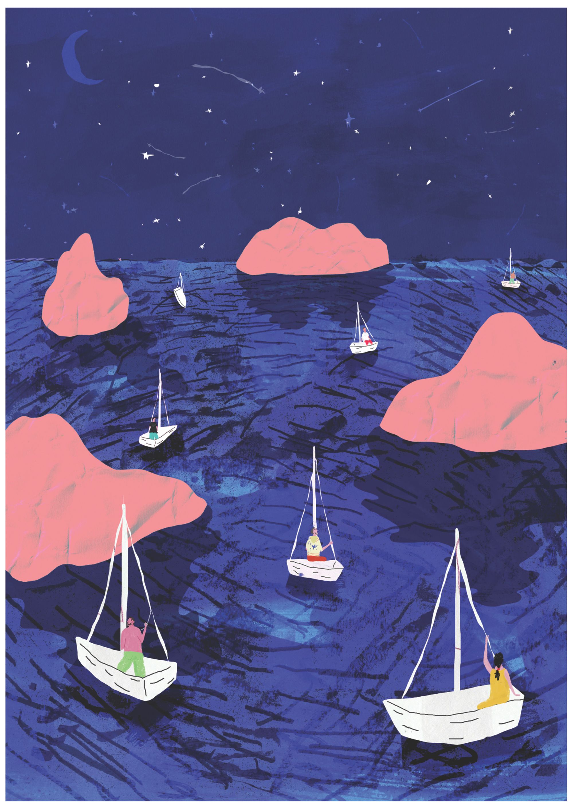 Illustration of people on sailboats on a bule sea, with pink rocks, against a starry night sky.