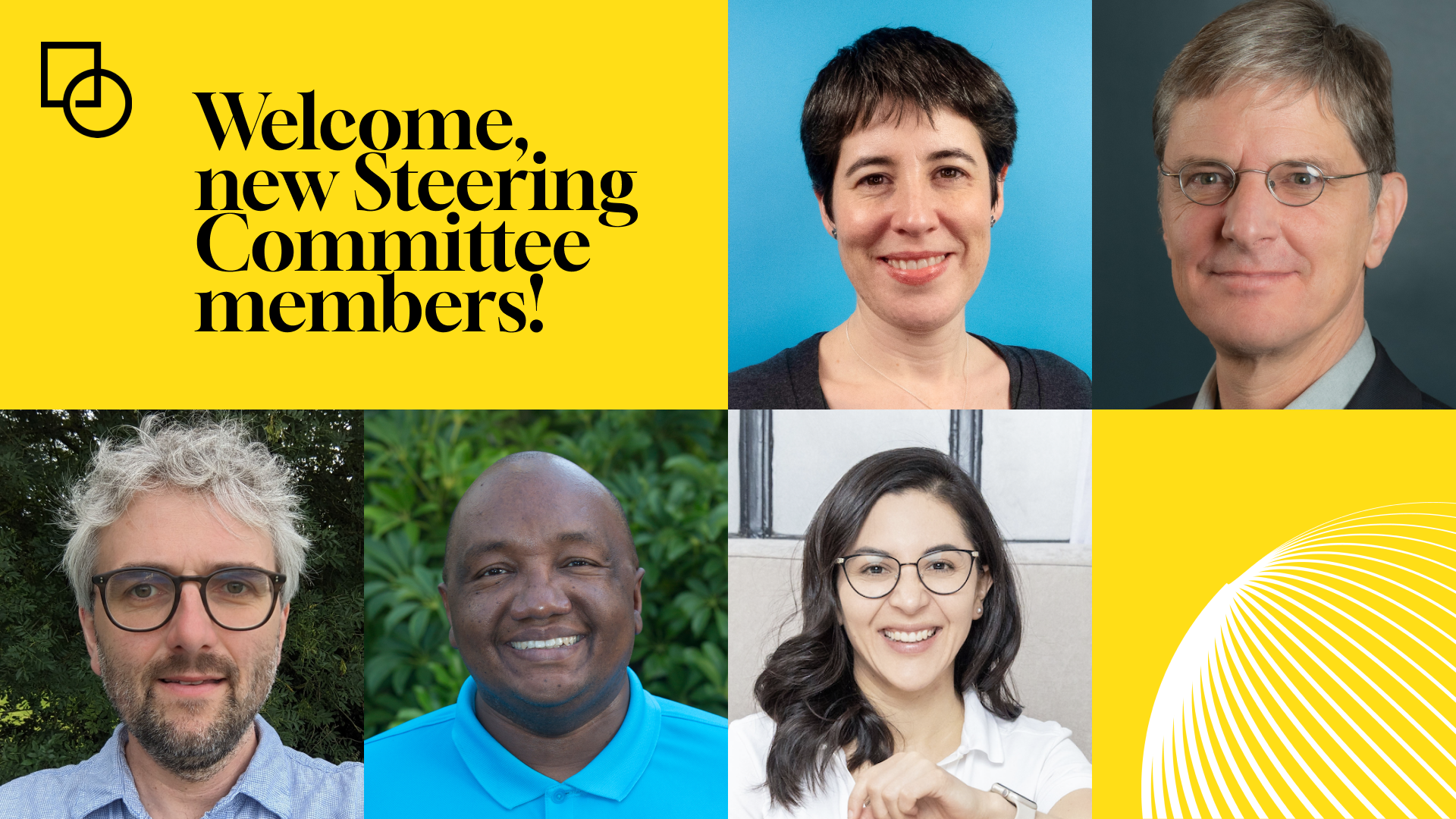 Headshots of the 5 new steering committee membes on a yellow background, with the text "Welcome, new Steering Committee members!"