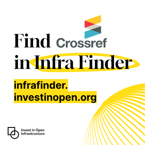 Yellow stylized globe with text "Find Crossref in Infra Finder", infrafinder.investinopen.org