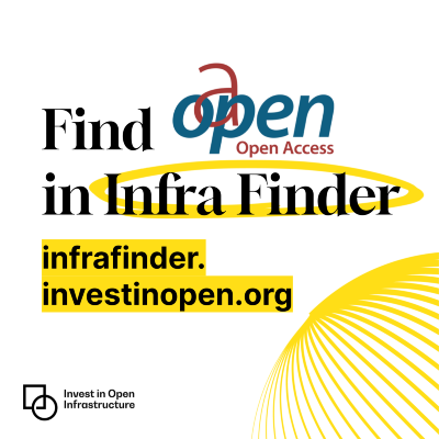 Yellow stylized globe with text "Find OAPEN in Infra Finder", infrafinder.investinopen.org