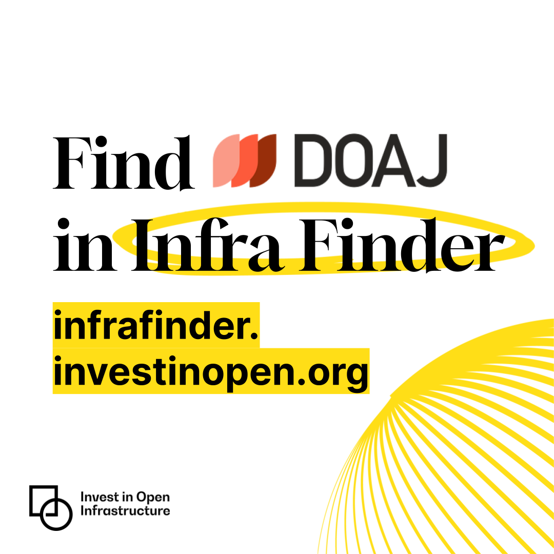 Yellow stylized globe with text "Find DOAJ in Infra Finder", infrafinder.investinopen.org