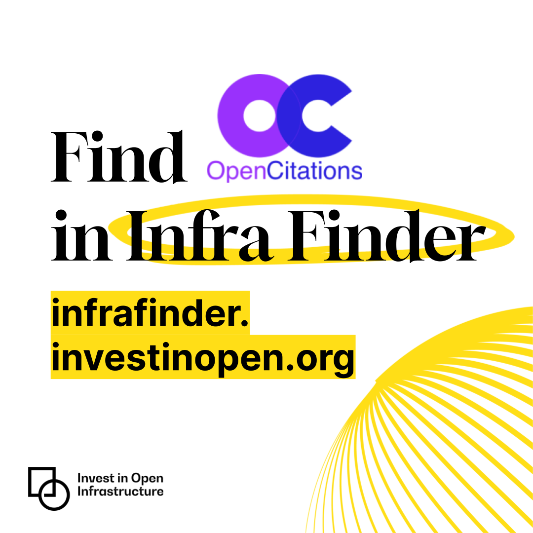 Yellow stylized globe with text "Find OpenCitations in Infra Finder", infrafinder.investinopen.org