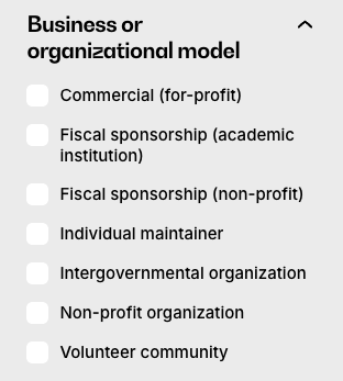 screenshot of business or organizational model filters